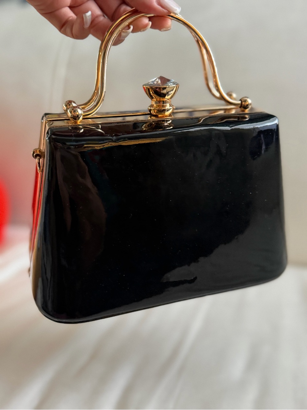 Y2K style Black Patent Mini Top-Handle Bag with Gold Hardware and Crystal Clasp